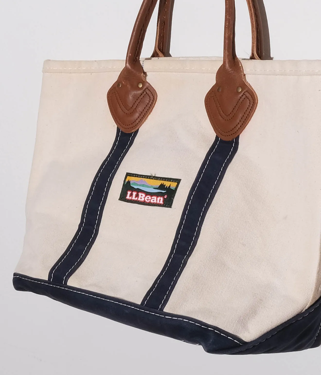 90's L.L.Bean Tote Bag Leather Handle (Natural×Navy)
