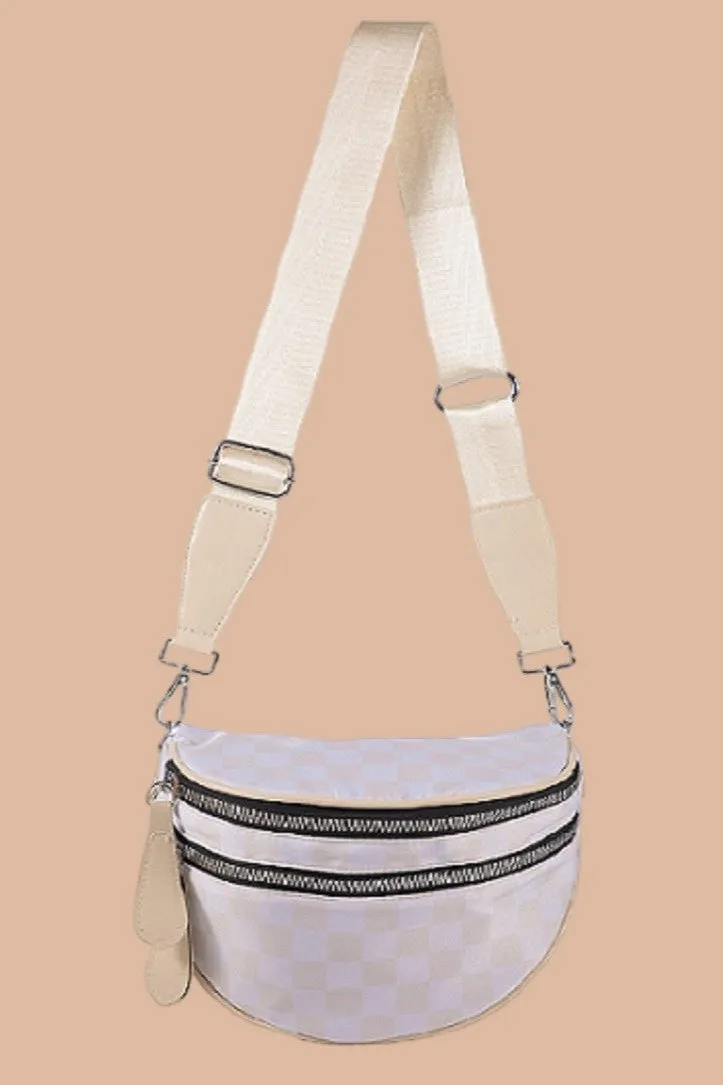 Checkered Double Zip Sling Bag - Beige