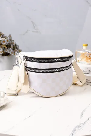 Checkered Double Zip Sling Bag - Beige