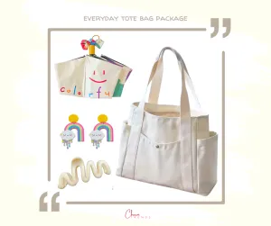 Everyday Tote Bag Collection: Canvas Tote Bag, Folding Umbrella with UV Protection, Cloud Acrylic Earrings & Candy-Colored Wavy Hair Clip