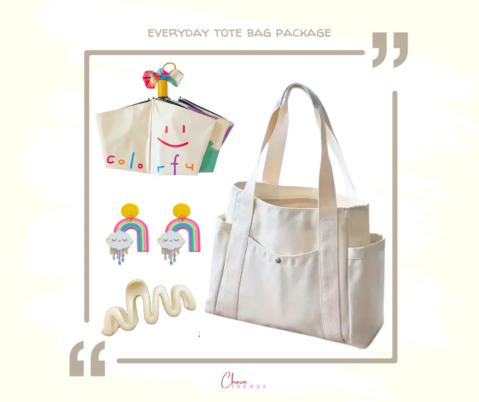 Everyday Tote Bag Collection: Canvas Tote Bag, Folding Umbrella with UV Protection, Cloud Acrylic Earrings & Candy-Colored Wavy Hair Clip