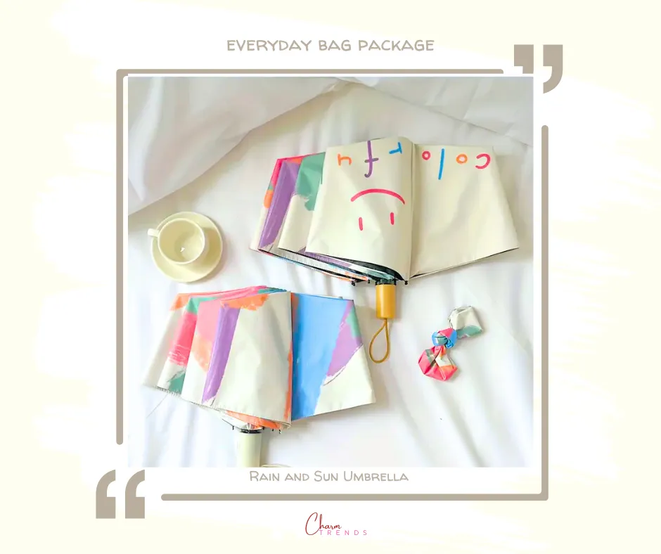 Everyday Tote Bag Collection: Canvas Tote Bag, Folding Umbrella with UV Protection, Cloud Acrylic Earrings & Candy-Colored Wavy Hair Clip