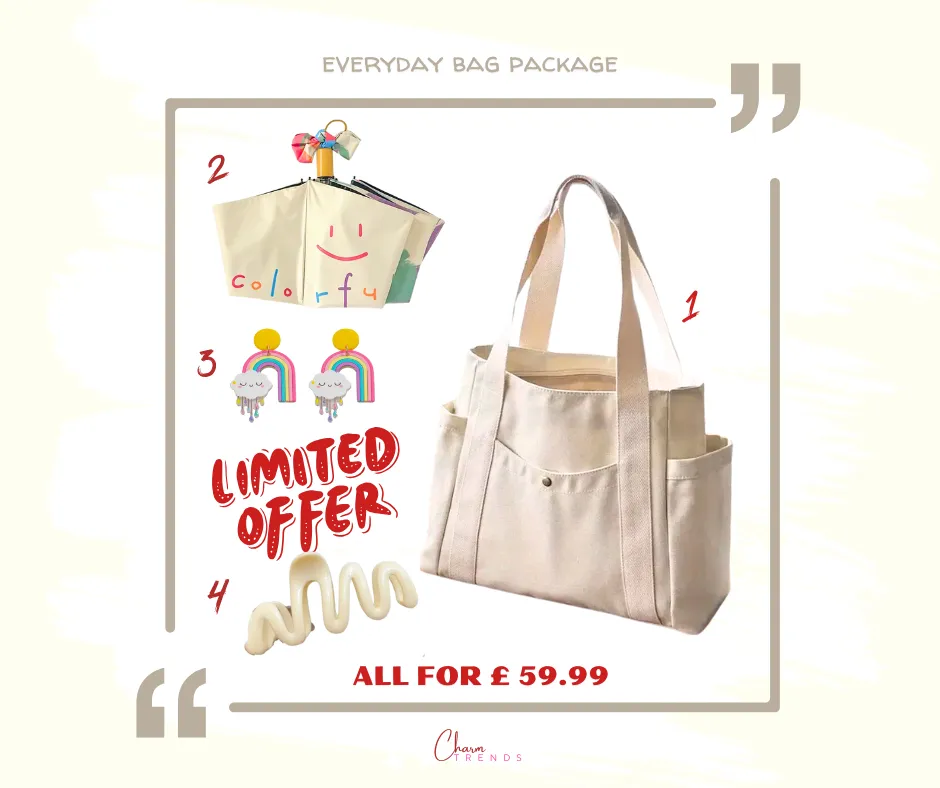Everyday Tote Bag Collection: Canvas Tote Bag, Folding Umbrella with UV Protection, Cloud Acrylic Earrings & Candy-Colored Wavy Hair Clip