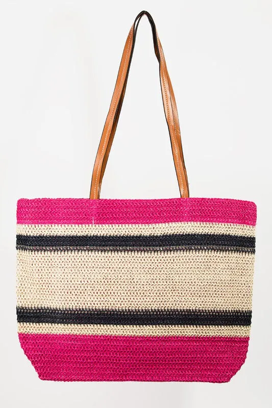 Fuchsia Hello Weekend Straw Braided Tote Bag