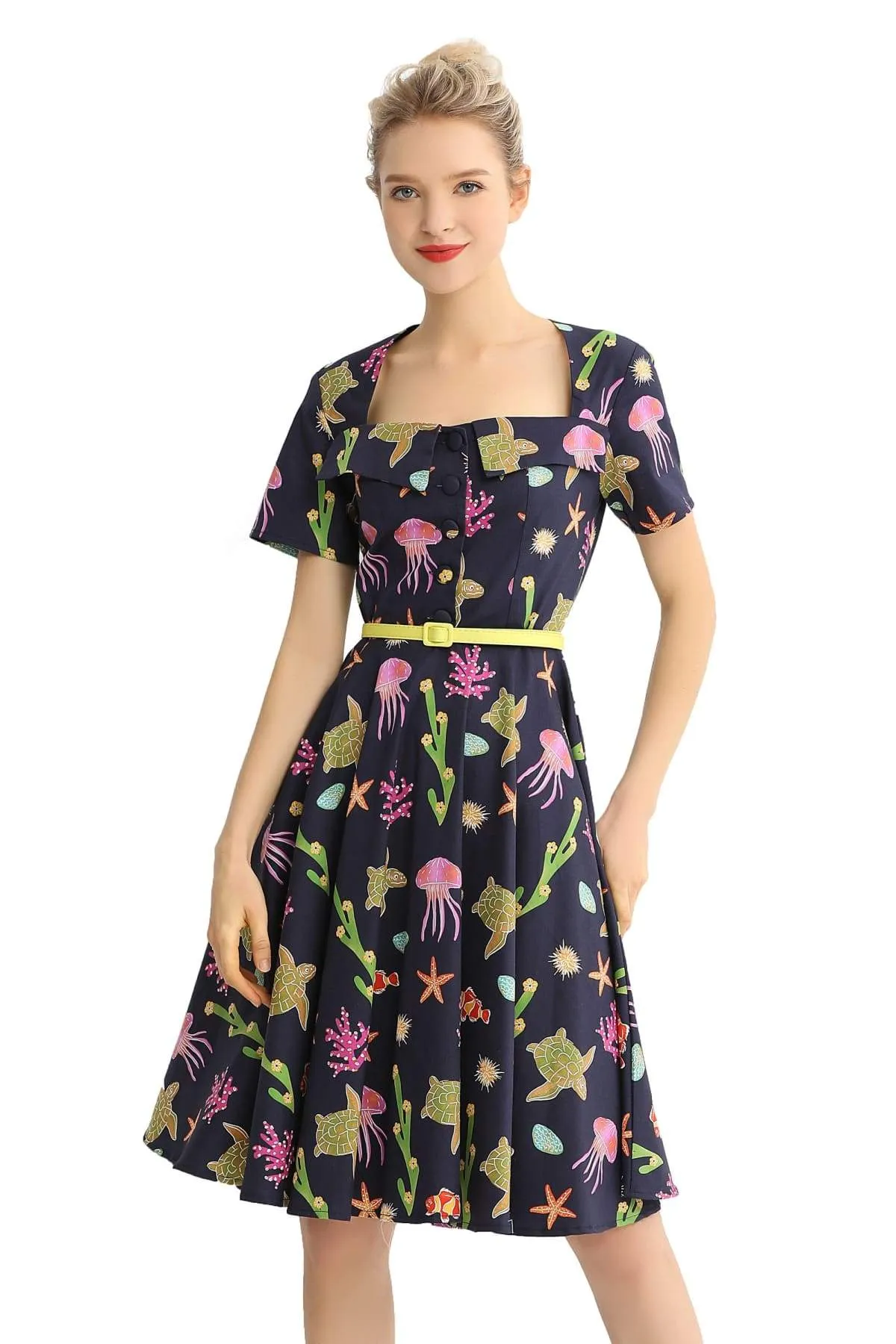 Navy Sea World Square Neckline Folded Collar A Line Cotton Dress with Pockets