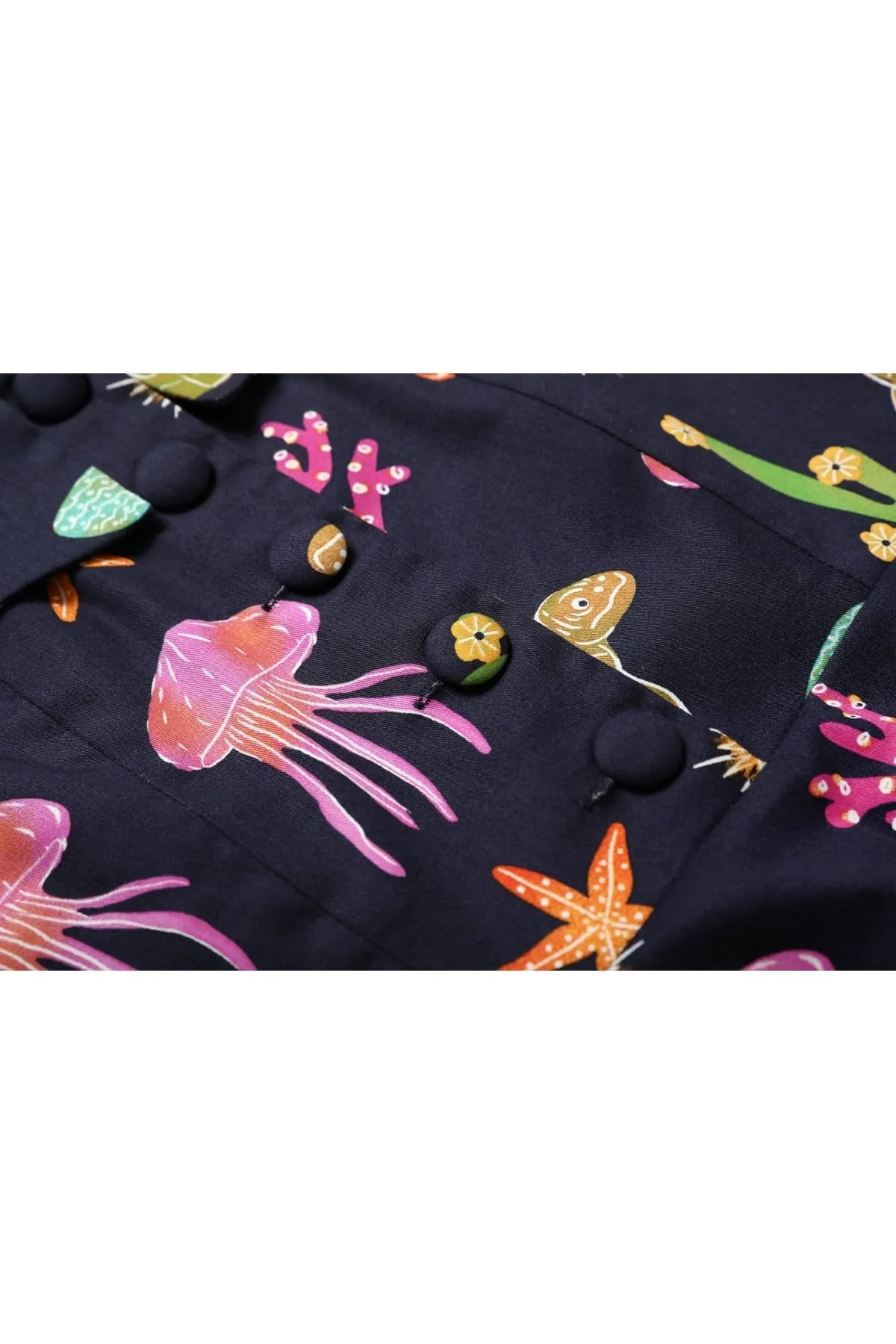 Navy Sea World Square Neckline Folded Collar A Line Cotton Dress with Pockets