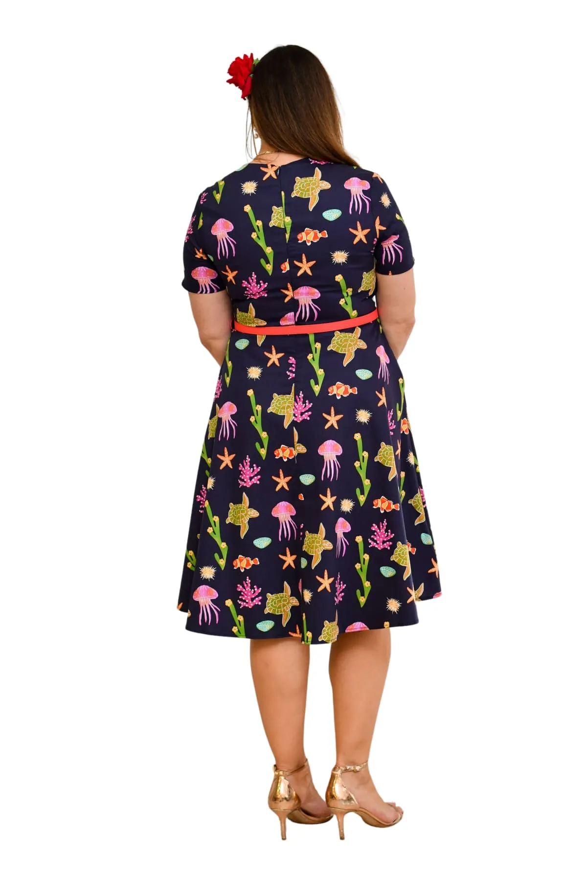Navy Sea World Square Neckline Folded Collar A Line Cotton Dress with Pockets