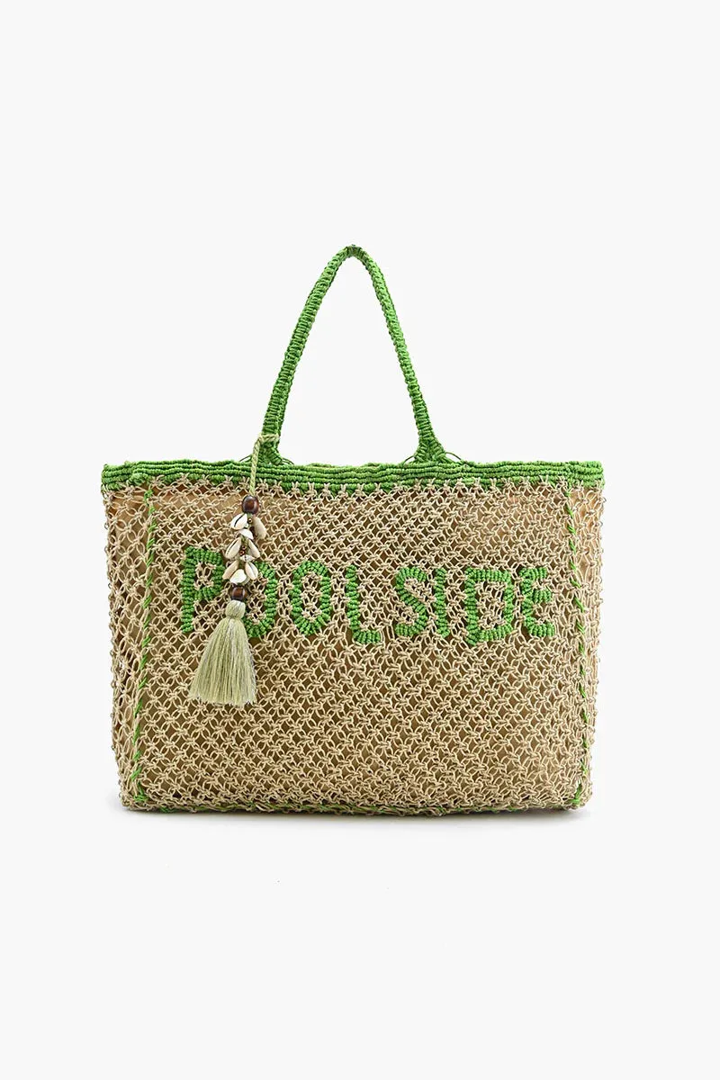POOLSIDE' JUTE MACRAME TOTE IN BEIGE & GREEN
