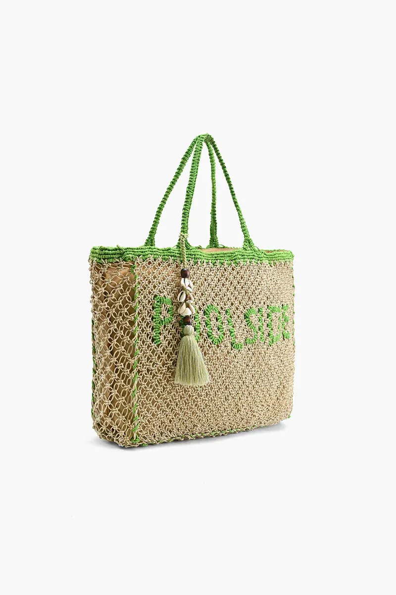 POOLSIDE' JUTE MACRAME TOTE IN BEIGE & GREEN