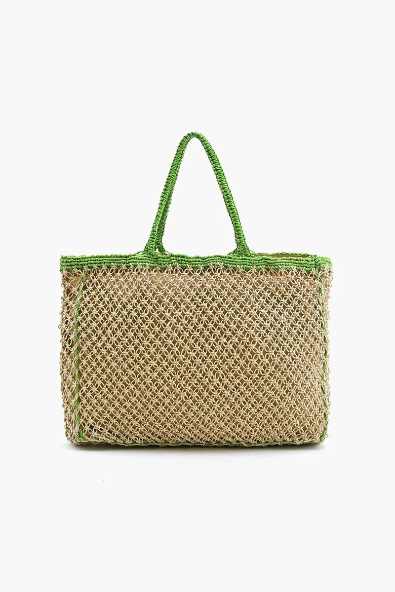 POOLSIDE' JUTE MACRAME TOTE IN BEIGE & GREEN