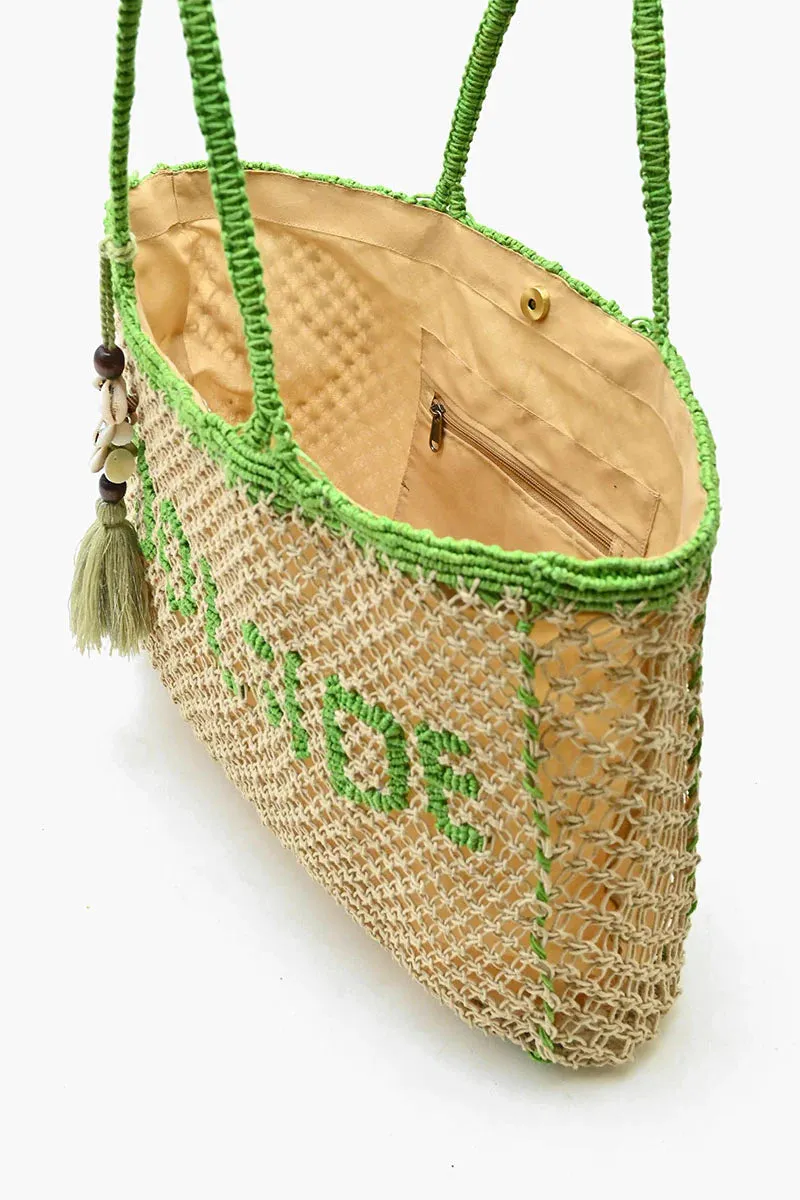 POOLSIDE' JUTE MACRAME TOTE IN BEIGE & GREEN