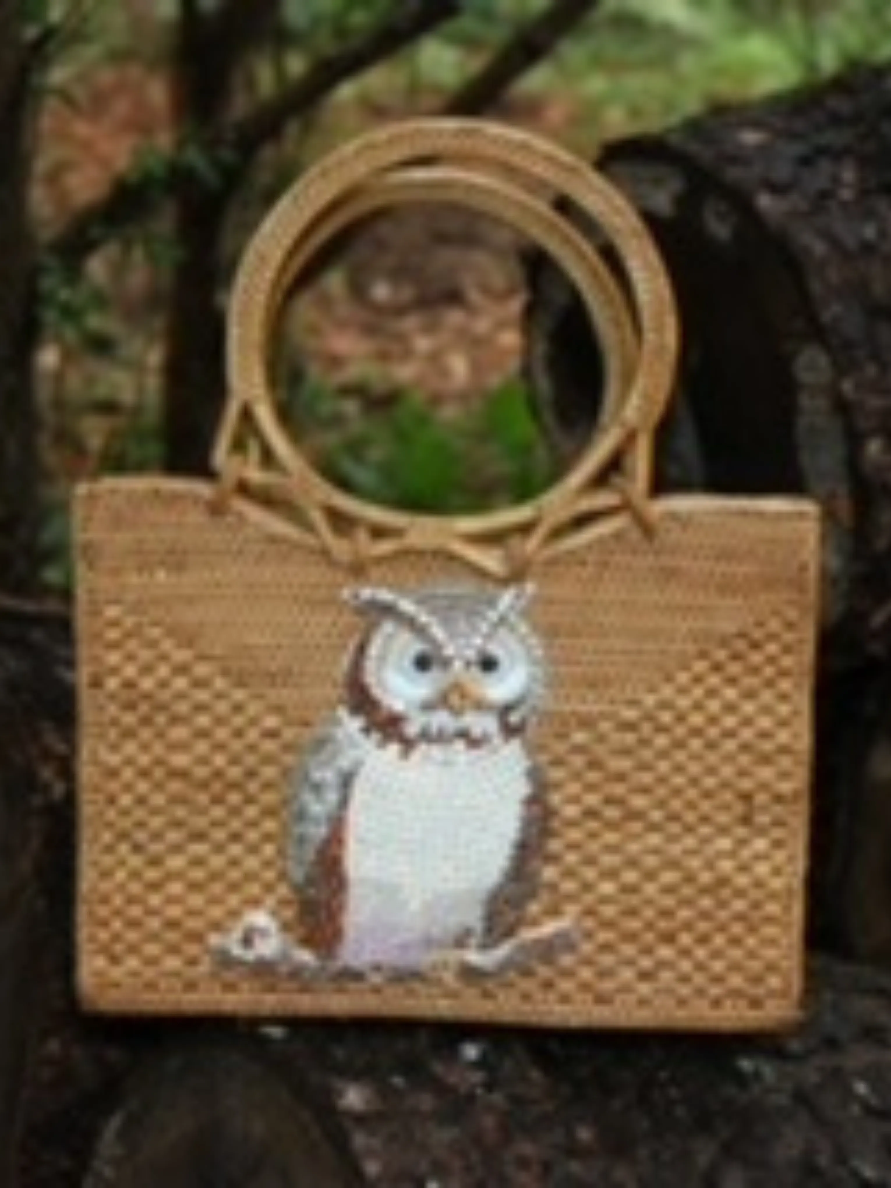 Raffia Tote with Embroidered Owl