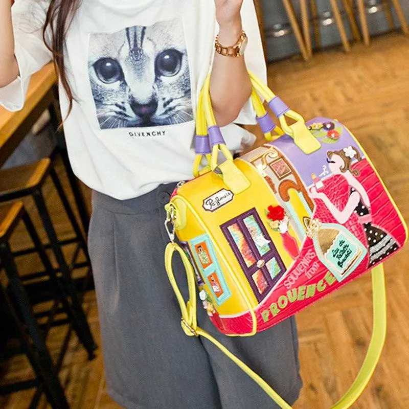 Women's European and American Style Solid Zipper Tote with Cartoon Embroidery - The Perfect Travel & Messenger Handbag
