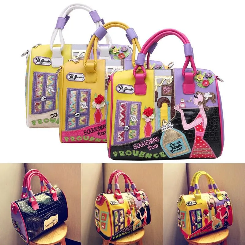 Women's European and American Style Solid Zipper Tote with Cartoon Embroidery - The Perfect Travel & Messenger Handbag