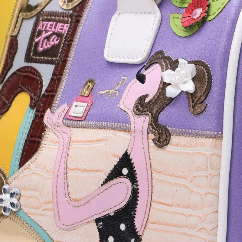 Women's European and American Style Solid Zipper Tote with Cartoon Embroidery - The Perfect Travel & Messenger Handbag